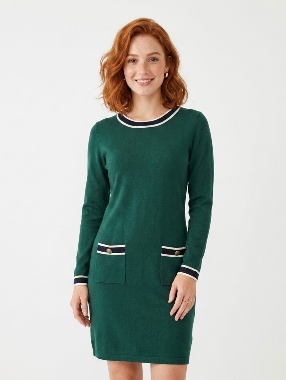 Boden Holly Knitted Emerald Night Green Contrast Trim Sweater Shift Dress - 6